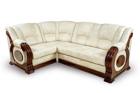 Comfortable corner sofa with wooden inserts, Isolated on a white backgroundの写真素材