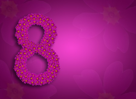 Greeting card for women on the 8th of March. Delicate purple floral background. The figure 8 is made up of flowers. Place for text. Greeting card.の写真素材