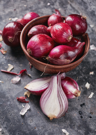 Delicious onion in a bowl. Fresh vegetables on the table. on a gray background. Breakfast for a vegetarianの写真素材
