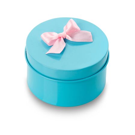 Blue surprise gift box with pink ribbon isolate on white. Clipping path included.の写真素材