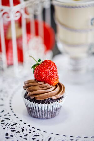 Chocolate cake with strawberries. Chocolate Cake with Walnut Cream and Strawberries.の写真素材