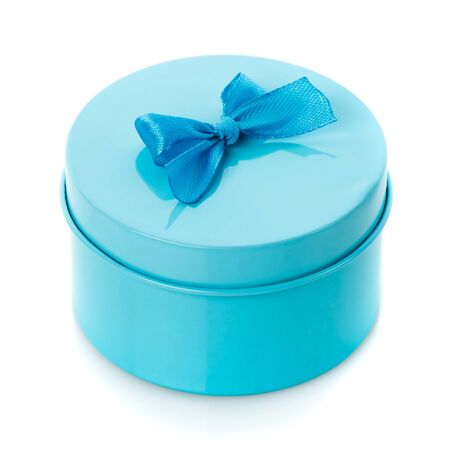 Single round turquoise gift box with blue bowの写真素材