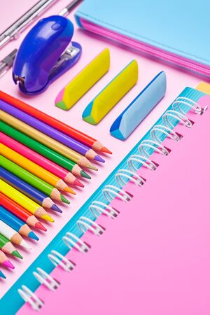 The composition is laid out from a color school stationery. School background. School and office supplies frameの写真素材