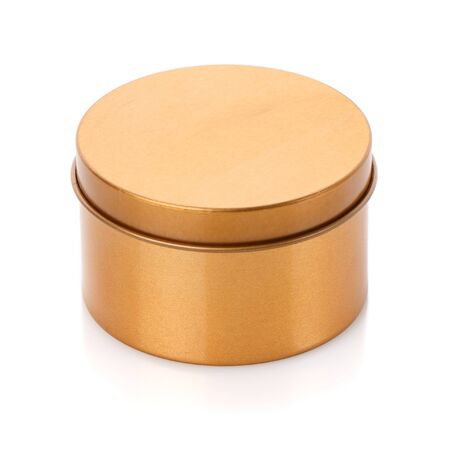Simple round gold gift box isolated on white background. Present for any holiday, christmas, valentine or birthdayの写真素材