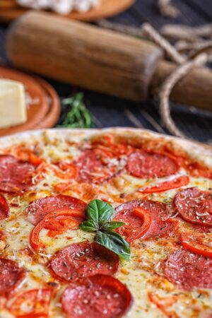 Aromatic pizza with sausage and tomatoes is decorated with basil. Concept promotional flyerの写真素材