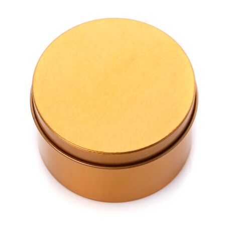 Simple round gold gift box isolated on white backgroundの写真素材