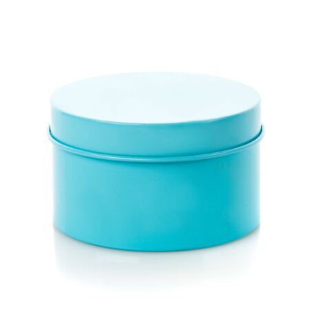 Simple round blue gift box isolated on white background. Present for any holiday, christmas, valentine or birthdayの写真素材