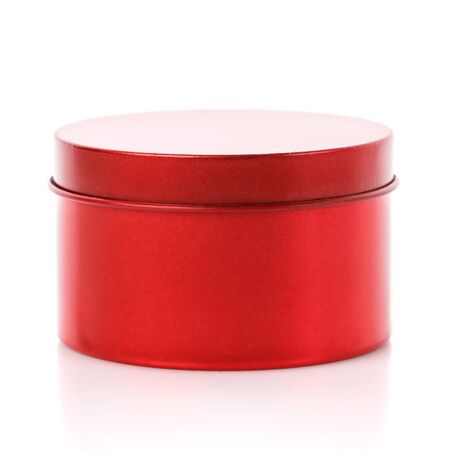 Simple round red gift box isolated on white background. Side viewの写真素材