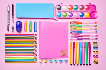 Beautiful office background for your inscription. Education concept. Stationery with copyspace. Group of school supplies on table. Top view, Flat lay. copyspaceの写真素材