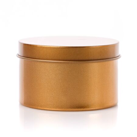 Simple round gold gift box isolated on white background. Present for any holiday, christmas, valentine or birthdayの写真素材