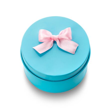 Turquoise surprise gift box with pink ribbon isolate on white. Modern present for any holiday, christmas, valentine or birthday. Holiday and celebration concept. Top view. Clipping path includedの写真素材