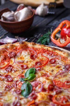 Aromatic pizza with hunting sausages, onions and tomatoes near with vegetablesの写真素材