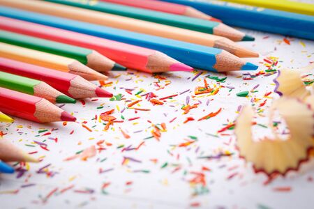 Bright sharp pencils are ready for drawing. Drawing supplies: assorted color pencils. Education conceptの写真素材