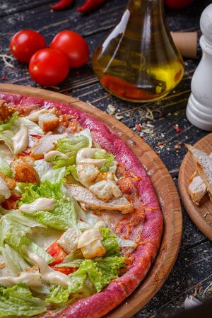 Photos of pizza from non-traditional dough and various ingredients for making pizza. Pizza menu. View from above.の写真素材