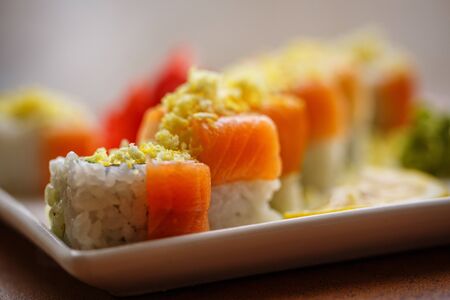 Japanese and Asian food. Sushi are ready to serve. Concept for a tasty food and promotional flyer and poster for restaurants.の写真素材