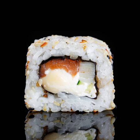 Sushi on black background. Perfect for creating sushi restaurant menu. Part of series.の写真素材