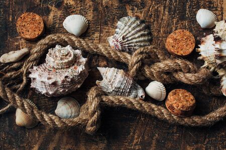 Rope and seashells on old wooden burned table or board for background. Toned.