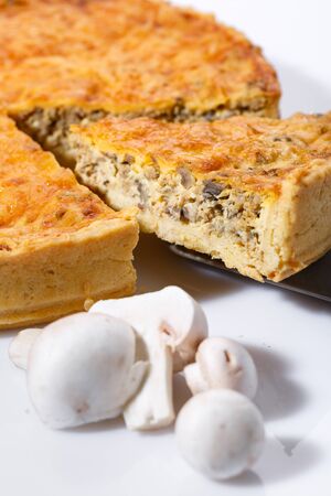 Sliced delicious mushroom pie with mushrooms in the foreground. On a white table. Selective focus.の写真素材