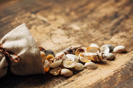 Small shells are poured out of a linen bag. Place for text on wooden rustic background, close up....