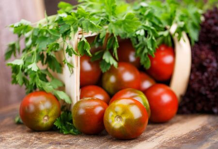 Fresh homemade tomatoes with parsley leaves on wooden table. Sporty and healthy food.の写真素材