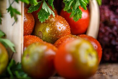 Fresh homemade tomatoes with drops of dew. Great macro food photo. Healthy food.の写真素材