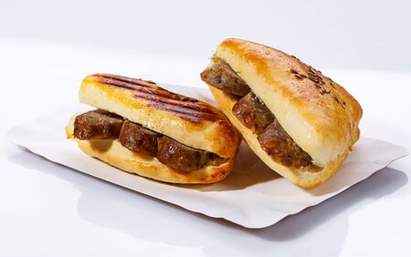 Street food sandwiches with meat on a white plate. White background. Delicious sandwiches. Side view.の写真素材