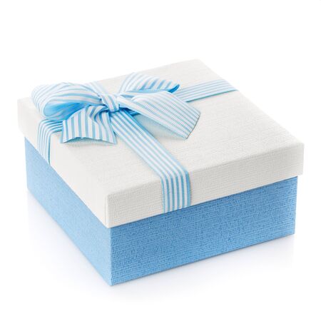 Blue gift box with ribbon and bow on white background. The concept of a holiday, birthday, the eighth of March, mother's day.の写真素材
