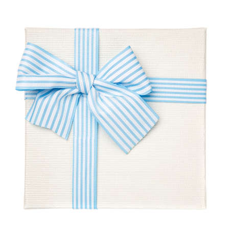 White square gift box with blue ribbon and bow isolated on white background. Top view. Mother's Day Gift.の写真素材