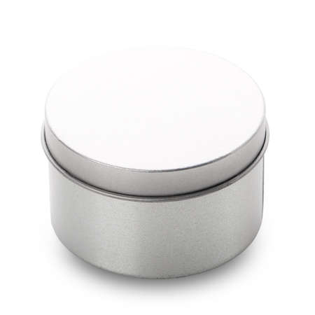 Round metallic gift box in gray for a small gift. Isolated on white backgroundの写真素材