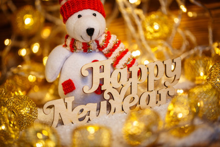 Happy New Year wooden text. Christmas holiday season toy.の写真素材