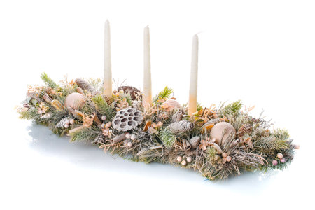 Composition with beautiful candlesticks and other decorations for home interiorの写真素材