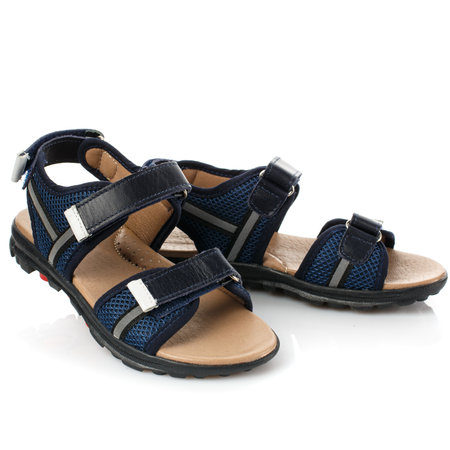Blue sport baby sandals for boy isolated on white. Close up.の写真素材