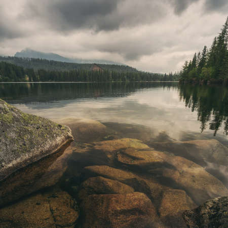Nature mountain scene with beautiful lake Strbske pleso.