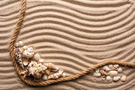 Different seashells on the beach sand. Waves texture. Frame made of marine rope. Place for text or product.の写真素材