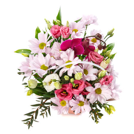 Festive floral arrangement of various flowers of delicate colors on a white background. Place for text. Greeting card.の写真素材