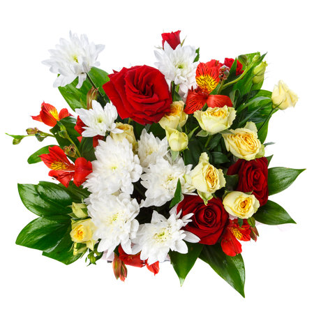 Lovely bouquet with different kind of flowers isolated on white. Close up. Top view. Holiday bouquetの写真素材