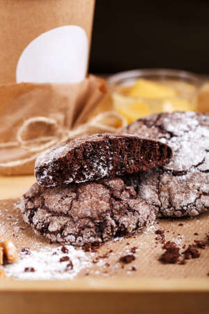 Chocolate chip cookies on a brown table. The dessert menu.の写真素材