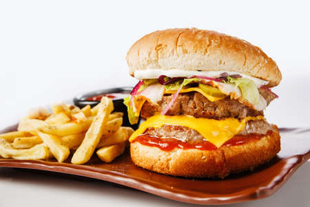 Burger. Juicy pork cutlet, cheddar cheese, crispy pickled onions, lettuce wrapped in a bun under two sauces. Served with french friesの写真素材