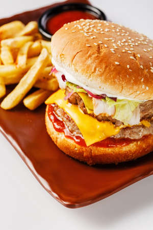 Burger. Juicy pork cutlet, cheddar cheese, crispy pickled onions, lettuce wrapped in a bun under two sauces. Served with french fries and cream sauce.の写真素材