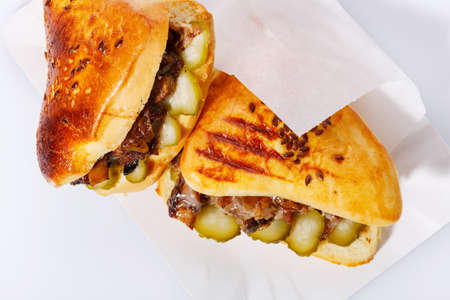 Fragrant buns with meat and pickles on a white background. Street food concept. Top view.の写真素材