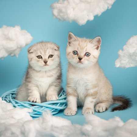 Two little newborn fluffy kittens looking curiously to the side playing in a wicker wreath.の写真素材