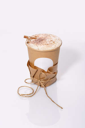 Biodegradable Disposable Cup with blank white circle for text containing a hot drink with copy space.の写真素材