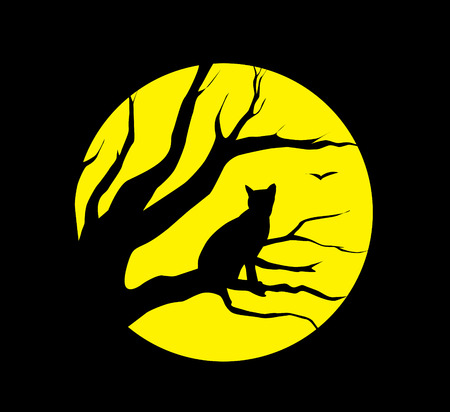 silhouette cat at the moon on black backgroundのイラスト素材