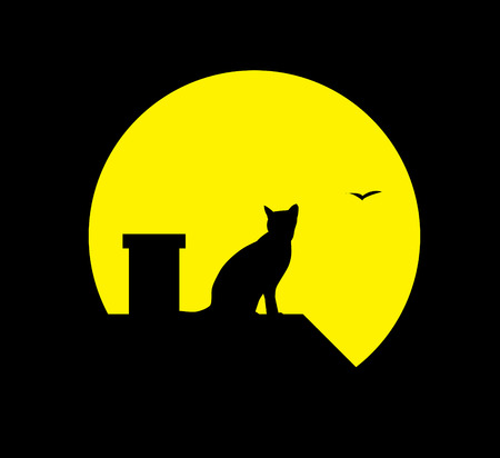 silhouette cat at the moon on black backgroundのイラスト素材