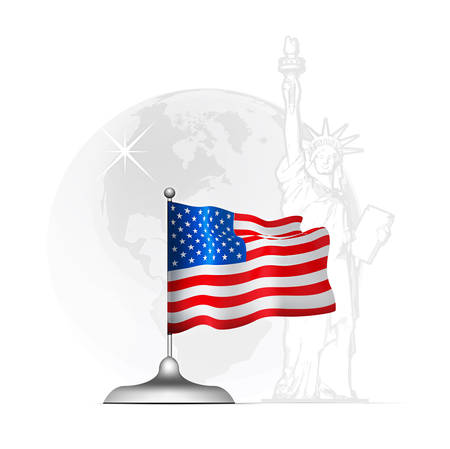 American flag on the stand at the background of the statue of liberty and the globe with a map of Americaのイラスト素材