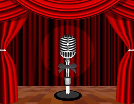 A microphone on a stage with a spotlight on it.のイラスト素材