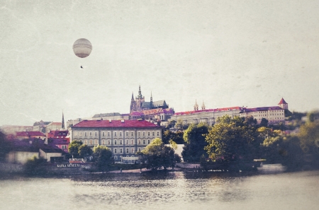 Prague Photo in vintage style  Balloon over the river Vltava near the museum of Franz Kafkaのeditorial素材