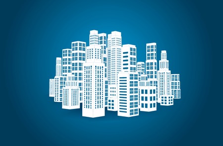 City with three-dimensional buildings and skyscrapers  Vector illustration on blue backgroundのイラスト素材