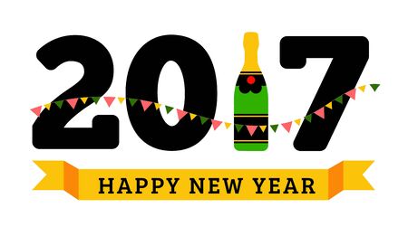 Congratulations to the happy new 2017 year with a bottle of champagne, flags. Vector flat illustrationのイラスト素材