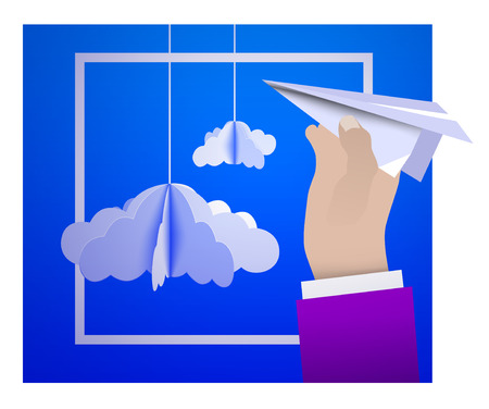Male hand holding a paper plane against the sky with paper clouds in the style of origamiのイラスト素材